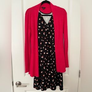 Ann Taylor Pink and Black A-Line Dress and Pink Cardigan 2-piece bundle